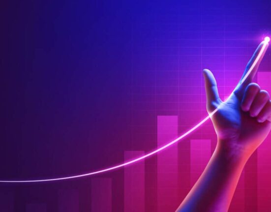 Business success of growth metaverse finance and investment profit graph concept or development analysis progress chart on financial market achievement strategy background with increase hand diagram