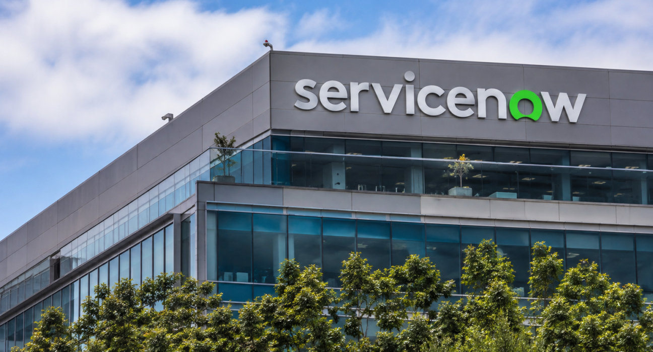 ServiceNow logo displayed on the exterior of a modern office building.