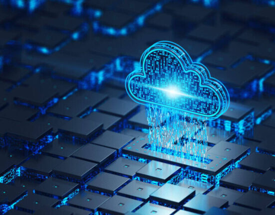 Illustration of data, cloud computing and microchips