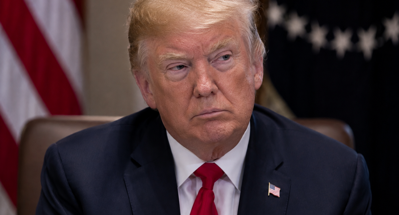 Donald Trump sits at a formal meeting table in a dark suit and red tie, with US flags blurred behind him.