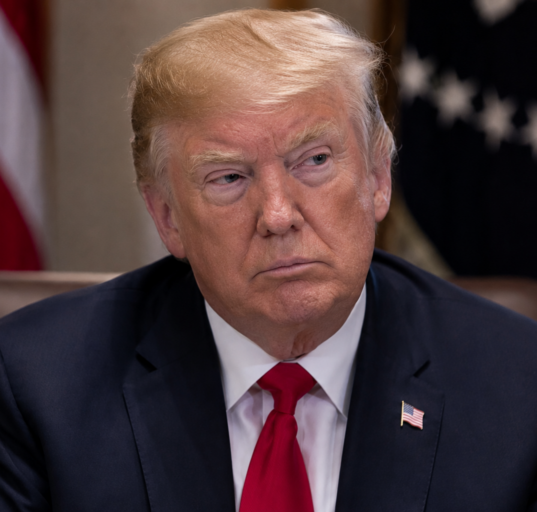 Donald Trump sits at a formal meeting table in a dark suit and red tie, with US flags blurred behind him.