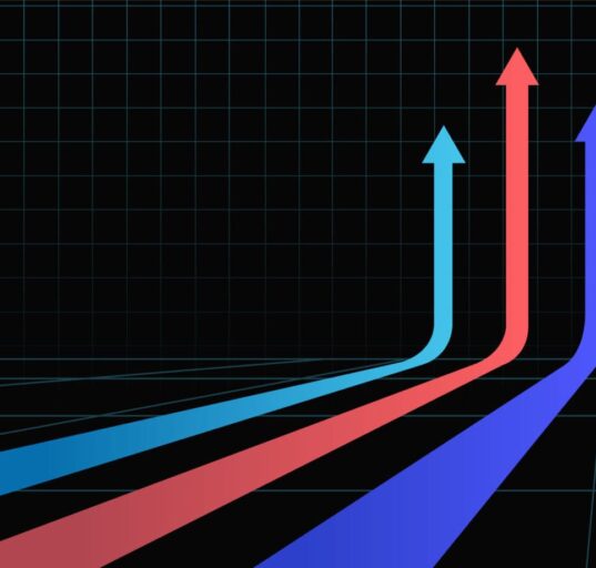 3 colorful arrows racing straight up on a black background.