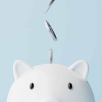 Silver coins fall into a piggy bank.