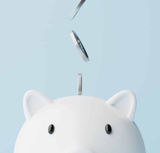 Silver coins fall into a piggy bank.