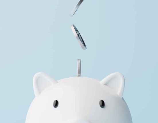 Silver coins fall into a piggy bank.