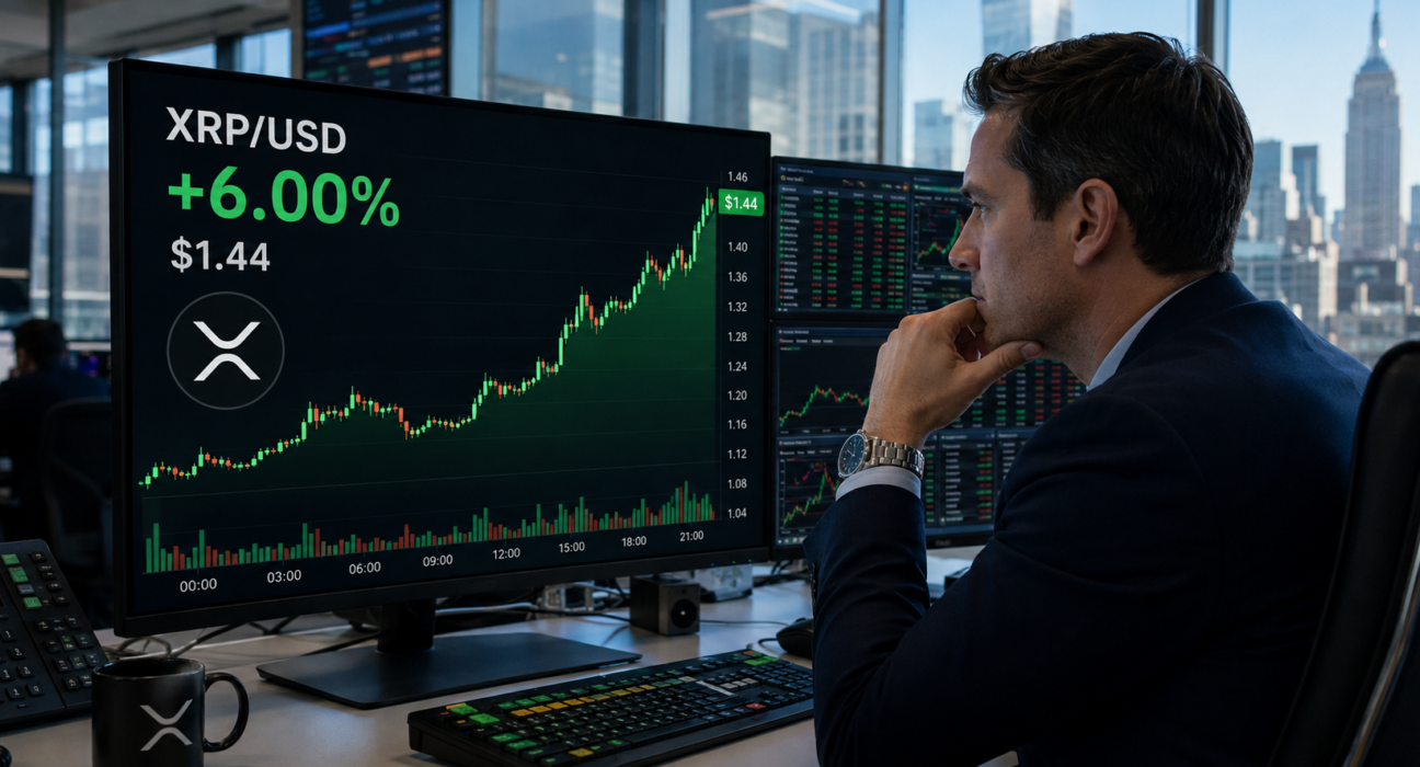 Trader watches XRP rise 6% to $1.44 on a large XRP/USD market screen