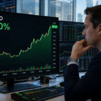 Trader watches XRP rise 6% to $1.44 on a large XRP/USD market screen