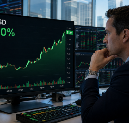 Trader watches XRP rise 6% to $1.44 on a large XRP/USD market screen