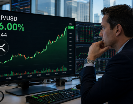 Trader watches XRP rise 6% to $1.44 on a large XRP/USD market screen