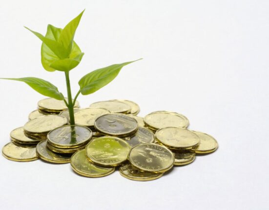 A close up color image of a small green plant sprouting out of a pile of Canadian dollar coins "loonies."