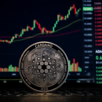 Cardano ADA coin stands in front of a trading screen showing a rising crypto price chart.