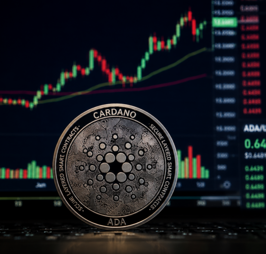 Cardano ADA coin stands in front of a trading screen showing a rising crypto price chart.