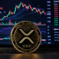 Gold XRP token stands in front of an XRP/USDT trading chart showing the cryptocurrency near $1.39 after a sharp decline.