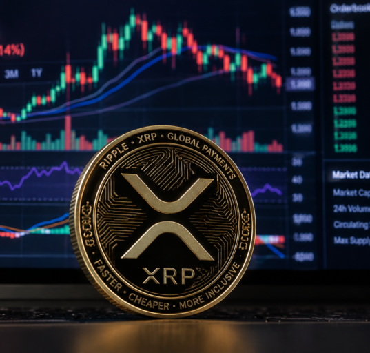 Gold XRP token stands in front of an XRP/USDT trading chart showing the cryptocurrency near $1.39 after a sharp decline.