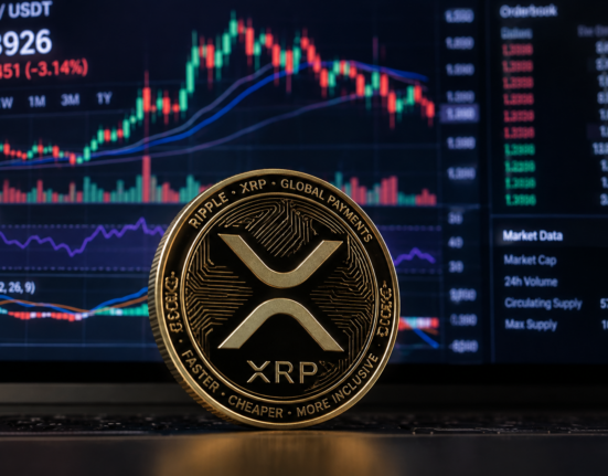 Gold XRP token stands in front of an XRP/USDT trading chart showing the cryptocurrency near $1.39 after a sharp decline.
