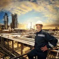 A worker overlooks an oil refinery plant.