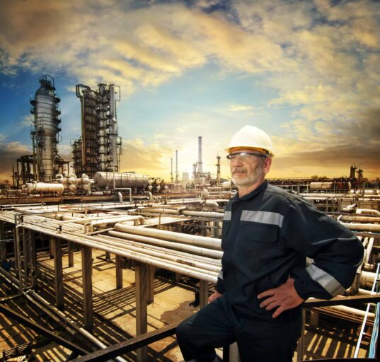 A worker overlooks an oil refinery plant.